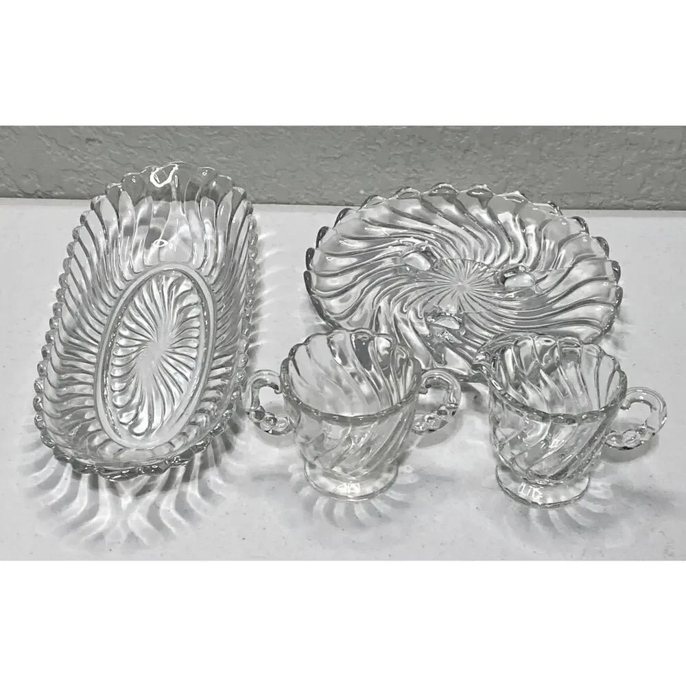 VTG Fostoria Crystal Colony Swirl Pattern Pickle Tidbit Dish Creamer Sugar‎ Lot